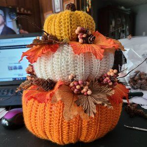 3 Tiered crocheted pumpkin center piece
